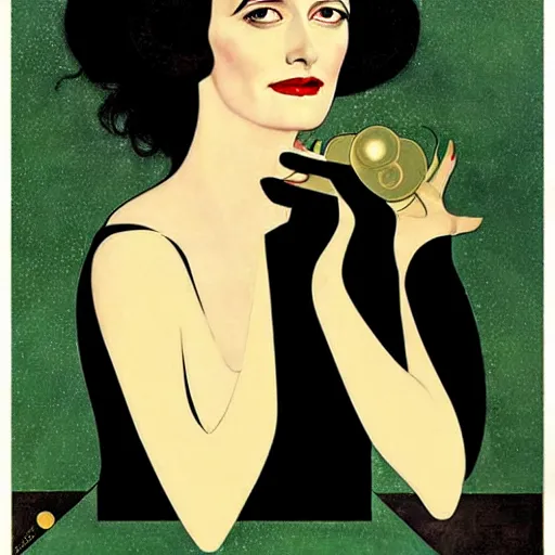 Image similar to Eva Green, Art by Coles Phillips, Gilded outfit, Jet black hair, Green eyes, Portrait of the actress, Elsa Lanchester as Morpheus, geometric art, poster, no text, Mucha, Kandinsky, carbon blac and antique gold