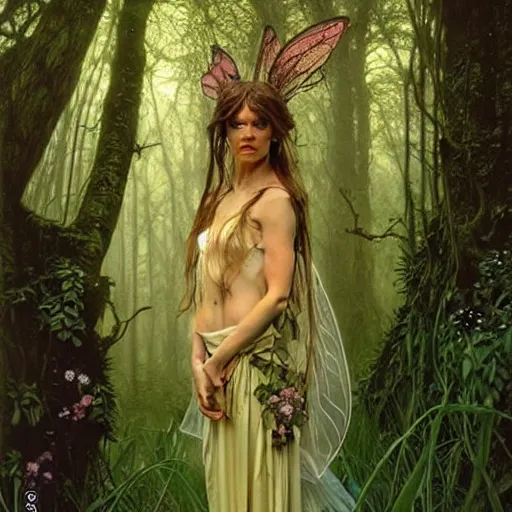 Prompt: head and shoulders portrait of a flowering fey fairy warlock portrayed by young jessica alba, in a magical forest, d & d, fantasy, luis royo, magali villeneuve, donato giancola, wlop, krenz cushart, hans zatka, klimt, alphonse mucha