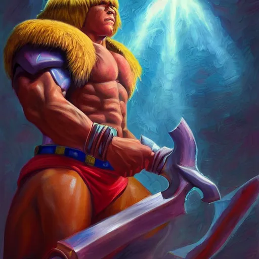 Image similar to portrait painting of he - man, ( ( ( art by kenne gregoire ) ) ), 4 k,, highly detailed, epic lighting