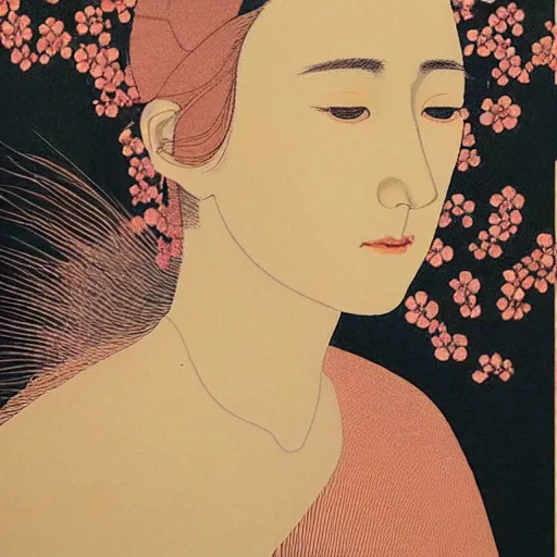 Image similar to “ saoirse ronan portrait by ikenaga yasunari and ayana otake and ko rakusui, 6 0 s poster, drawing, realistic, sharp focus, japanese, dreamy, nostalgia, faded, golden hues, floral clothes ”