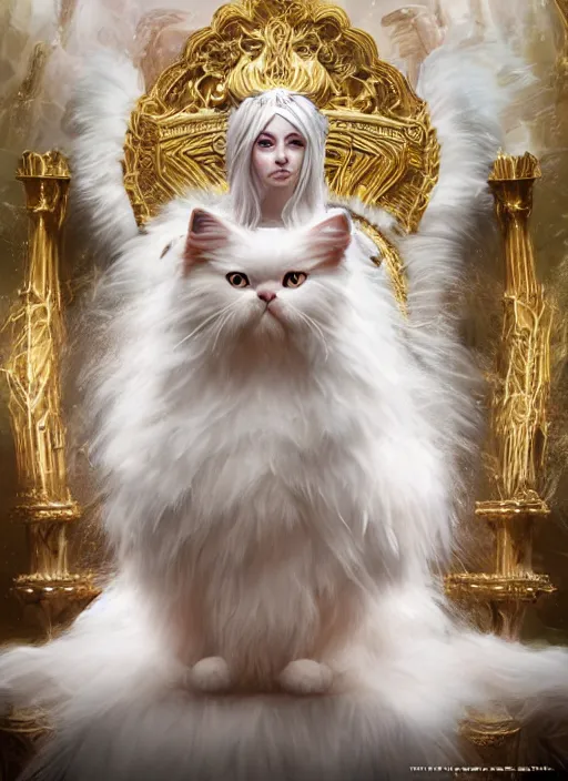 Prompt: An epic fantasy comic book style portrait painting of a white persian cat queen in throne, unreal 5, DAZ, hyperrealistic, octane render, cosplay, RPG portrait, dynamic lighting