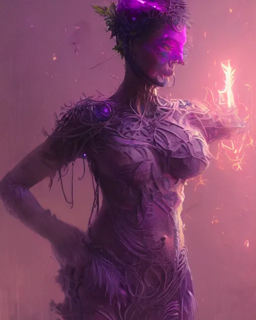 Image similar to full body woman made of plants weed and steel, fantasy character portrait full body concept art, intricate details, volumetric neon purple lights by greg rutkowski, gaston bussiere