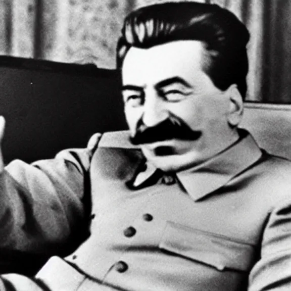 Image similar to stalin sits in front of a laptop, watching it and showing thumbs up on his left hand