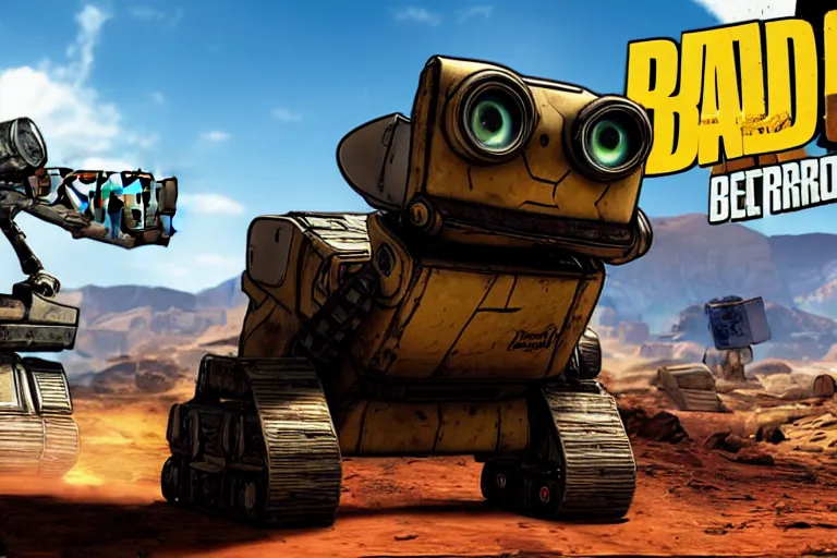 Prompt: wall - e in borderlands style game, heavy detailed, ultra high definition quality, borderlands game engine graphics