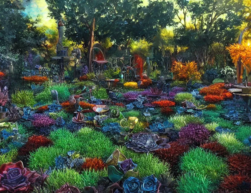 Prompt: metallic garden made of metal. oil painting by award - winning comic artist. backlighting, chiaroscuro, depth of field, luminescent colors.