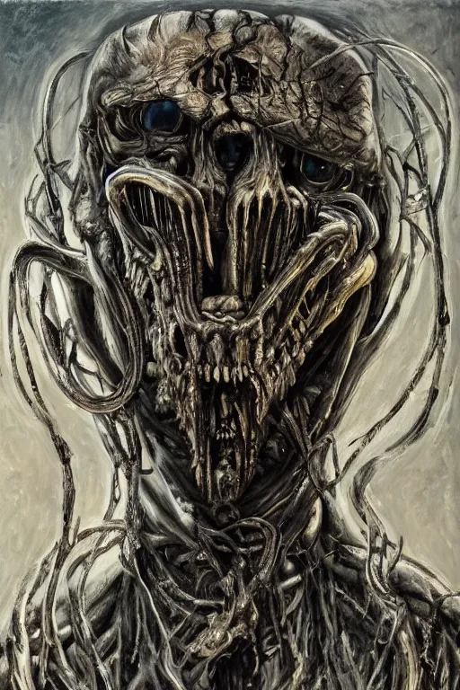 Prompt: portrait of streamer jerma 9 8 5!!, jeremy elbertson, painting by h. r. giger, lovecraftian horror, strands of being, metal album cover, high detail, sharp, sus guy, human figure, permanent bond between metal and man, still image of twitch stream, facecam