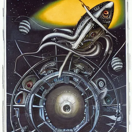 Image similar to atompunk space ship sailing the infinite cosmos, grand scale, raygun gothic style, painting by h. r. giger