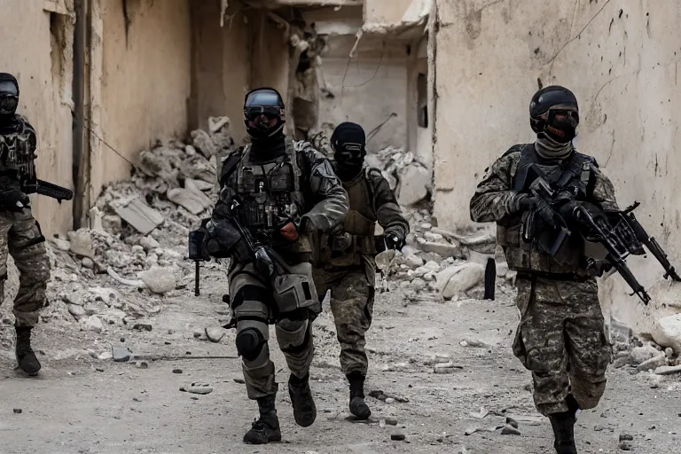 Image similar to Mercenary Special Forces soldiers in grey uniforms with black armored vest and black helmets in urban warfare in Syria 2022, Canon EOS R3, f/1.4, ISO 200, 1/160s, 8K, RAW, unedited, symmetrical balance, in-frame, combat photography