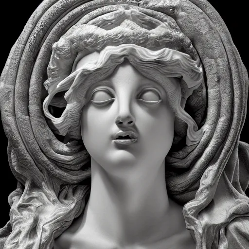 Image similar to a delicate renaissance marble sculpture of the Greek Priestess Medusa covered with water veil, highly detailed transparent marble cloth, gi, global illumination, physically based rendering, photorealistic, top light, dark background