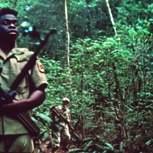 Prompt: film still of kodak black in the jungle as a vietnam door gunner, apocalypse now, associated press,, 2 6 mm, kodak ektachrome, blue tint expired film