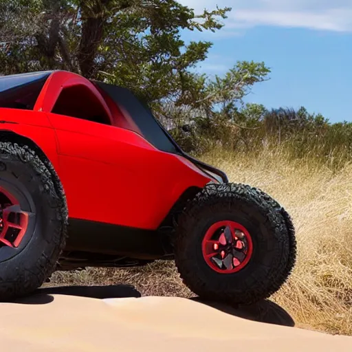 Prompt: tesla dune buggy, all terrain tires, red seats