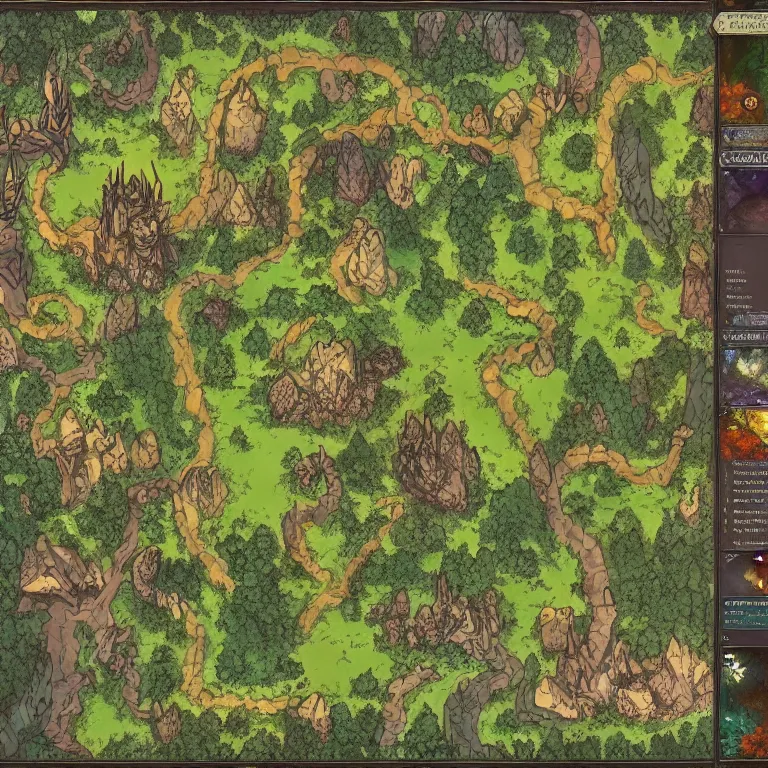 Image similar to full - color fantasy game map of a woodland clearing, battle map, grid, made with dungeondraft, d & d, pathfinder, by jeff todd and greg rutkowski, trending on artstation, pinterest