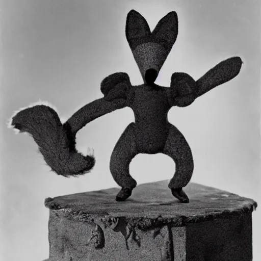 Prompt: anthropomorphic fox multi-jointed puppet who is a medieval knight standing steadfast towards a stormy ocean, 1930s film still