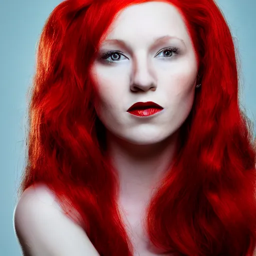 Image similar to a color photo portrait of a woman with red hair in the style of richard avedon, 7 5 mm lens, studio lighting.