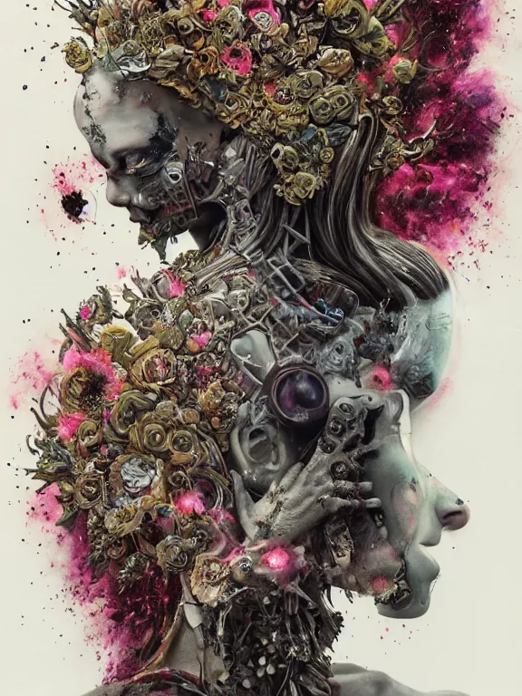 Prompt: art portrait of zombie queen with flower exploding out of head,8k,intricate ornate armour, by tristan eaton,Stanley Artgermm,Tom Bagshaw,Greg Rutkowski,Carne Griffiths,trending on DeviantArt,face enhance,giger,hyper detailed,minimalist,cybernetic, android, blade runner,full of colour,