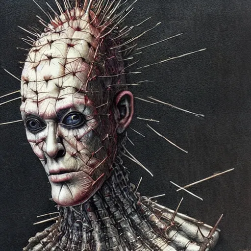 Prompt: a hyperrealistic portrait of pinhead from hellraiser by Santiago Caruso,