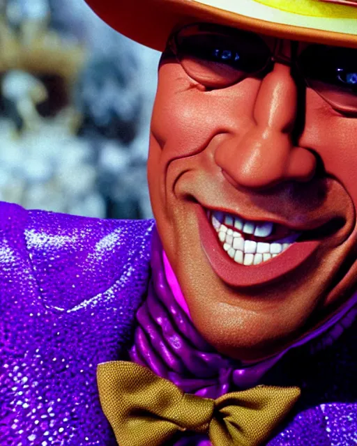 Image similar to Film still close-up shot of Dwayne Johnson as Willy Wonka from the movie Willy Wonka & The Chocolate Factory. Photographic, photography