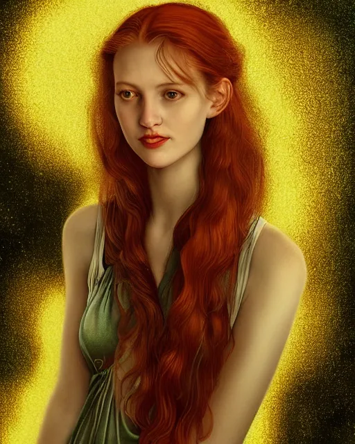 Prompt: a modern looking young woman, among the lights of golden fireflies and nature, long loose red hair, intricate details, green eyes, small nose with freckles, beatiful smiling face, golden ratio, high contrast, hyper realistic digital art by artemisia lomi gentileschi and caravaggio and artgerm.