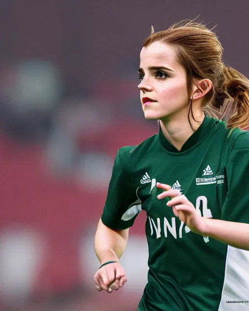 Image similar to a portrait of emma watson as a lokomotiv football player, hyper realistic