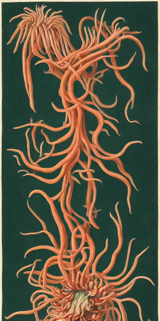 Image similar to A super-detailed image of emaciated deep-sea anemone by Maria Sibylla Merian, photorealism, Color Palette is Dark Orange , Dark Green, Dark Sienna and White