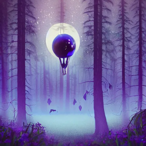 Prompt: an enchanting forest, foxes stand on their hind legs, look at the sky and wave goodbye with their forelegs. there is a purple unidentified flying object in the sky. fantasy. realistic photo. very clear shots.