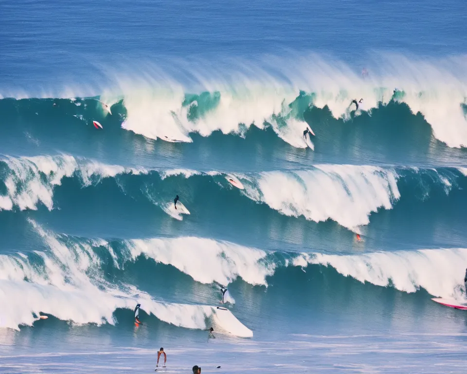 Image similar to worshippers in white robes belonging to the cult of the surfers, surfing in waves, standing on surfboards, surfing in the face of a tsunami, high detailed colors, bright deep blue