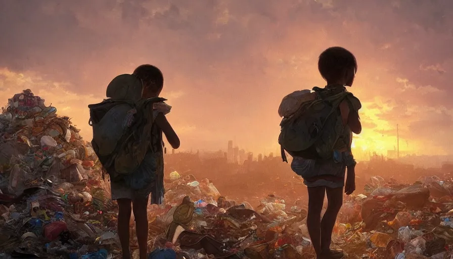 Image similar to poor detailed child with backpack looking for food at garbage dump, city is pure wasteland, sunset in background, greg rutkowski, alphonse mucha, trending on artstation, artgerm, breathtaking, award winning, highly detailed 4 k art