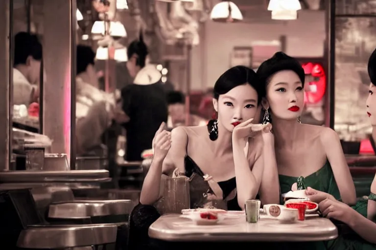 Image similar to movie interior closeup beautiful Chinese fashion model team closeup joking at 50s diner, night in the city, beautiful skin, by Emmanuel Lubezki