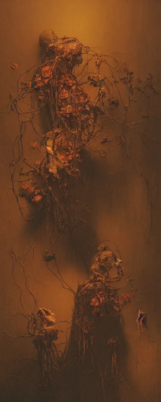 Prompt: death tending to a beautiful dried flower in a dark room, zdzislaw beksinski, arthur rachham, stephen gamell, 8 k, artstation, interior