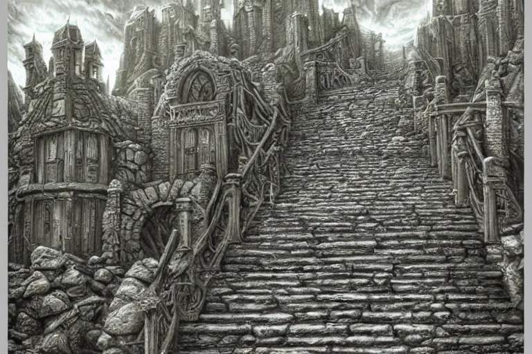 Image similar to stone steps leading down to an epic dungeon, todd lockwood, hyperdetailed, hyperrealism, fantasy, spooky, wizards of the coast