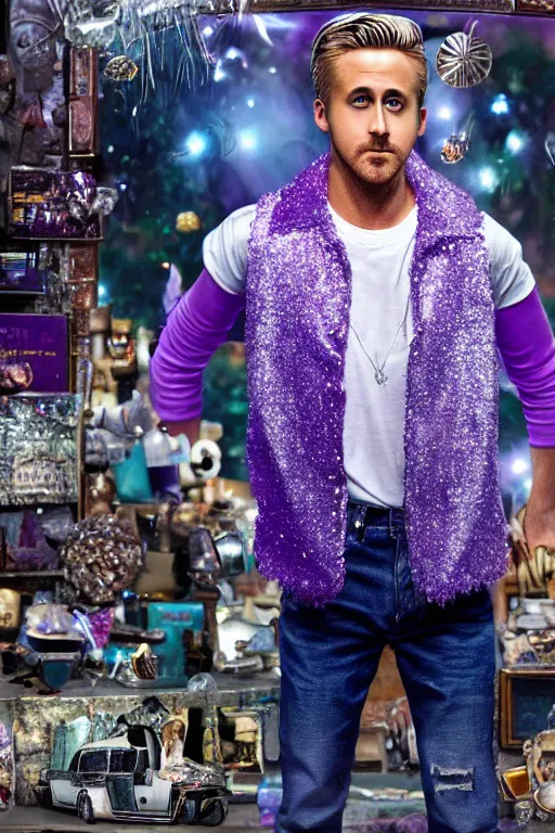 Image similar to Ryan Gosling with silver-violet hair, white eyes inflated press and denim glittery vest, wide lens, diorama, 4k,