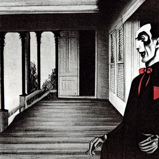 Image similar to grant wood's painting of dracula on the porch of a southern plantation, proudly gazing out on his cotton fields. he is pale, with black hair and a black and red cape.