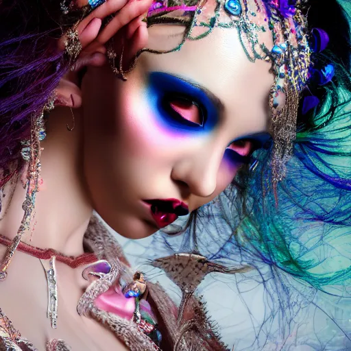 Image similar to Ethereal, mysterious stunning maximalist mesmerizing girl from the rainbow sky paradise, high-tech, professional high fashion model photo shoot for vampire goth fashion, hyperdetailed by Mark Ryden and artgerm and Hiroyuki-Mitsume Takahashi, close-up 35mm macro shot, hyperrealism, 8k resolution 3D, cinematic, dynamic lighting, octane render, unreal engine 5