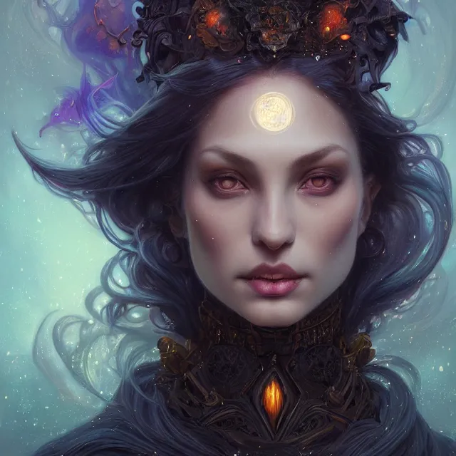 Prompt: detailed portrait of dark fantasy witch, symmetry, highly detailed, 4 k digital painting, detailed skin, iridescence reflecting, crystal particles, magical, raytracing, fire, light, subsurface scattering, artistic, concept art by artgerm, greg rutkowski, alphonse mucha, artstation render,