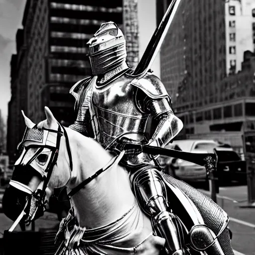 Image similar to a masterpiece ultrarealistic ultradetailed portrait of full silver armored magic knight on new york streets, mullet, hispanic man greatsword, baroque renaissance. fashion pose, photo by richard avedon and helmut newton, telephoto, intricate, elegant, by yasuhiro wakabayashi, global illumination. vfx