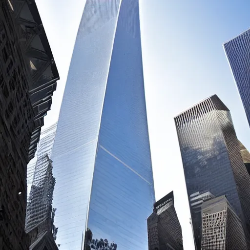 Prompt: World Trade Center twin towers, futuristic New York, street level shot