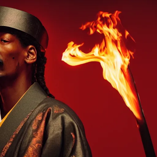 Image similar to cinematic film still of Snoop Dogg starring as a Samurai holding fire, Japanese CGI, VFX, 2022, 40mm lens, shallow depth of field, film photography