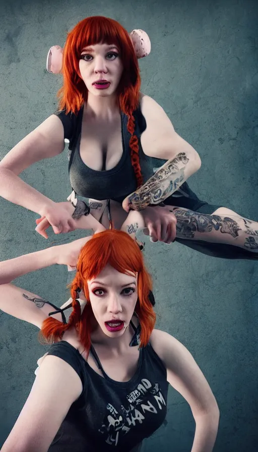 Image similar to Christina Hendricks dressed as a skater girl with pigtails, perfectly-centered-photograph of Christina Hendricks, sweaty, dynamic action pose, insane detail, intricate, highly detailed, Zeiss Lens, DSLR photography, smooth, sharp focus, Unreal Engine 5, Octane Render, Redshift, 8K