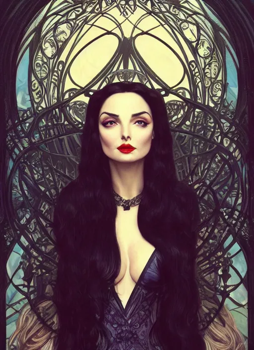 Image similar to ana de armas as morticia addams, masterpiece, intricate, elegant, highly detailed, digital painting, artstation, concept art, smooth, sharp focus, illustration, art by artgerm and greg rutkowski and alphonse mucha and uang guangjian and gil elvgren and sachin teng, symmetry!!