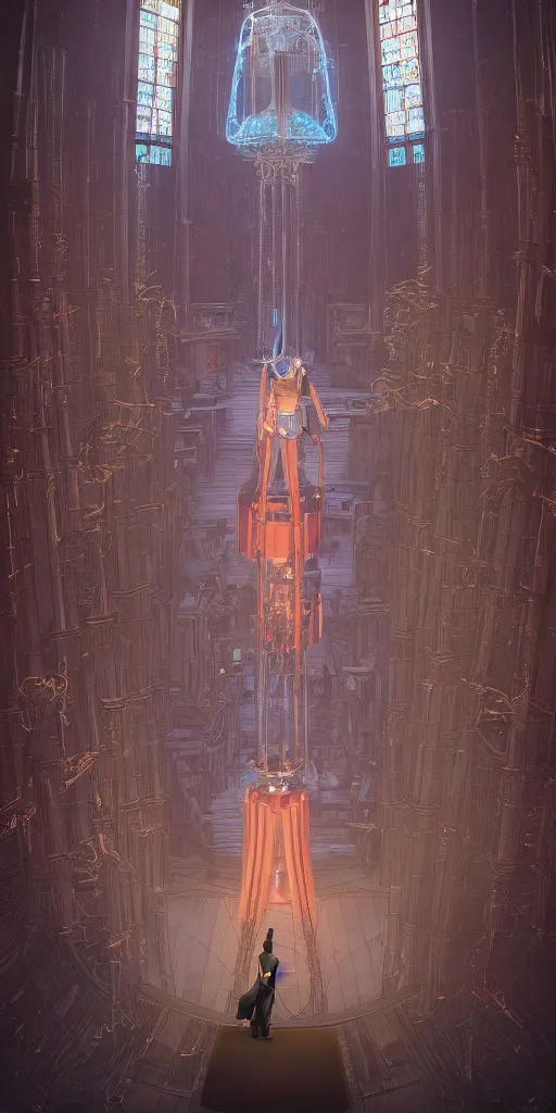 Image similar to Illustration of a man in a retro futuristic Moebius inspired costume standing in a catholic cathedral and watching up a giant bell with pipes coming from it, low camera, dark souls, realistic, octane rendered, uplight, unreal engine, paint textures, highly detailed