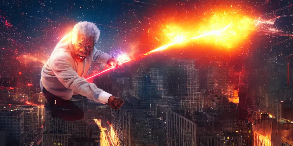 Image similar to gigantic morgan freeman doing a bridge handstand on the ground while destroying a city throwing lasers from his eyes, night, realism, 4 k, octane render, award winning photograph, cinematic shot