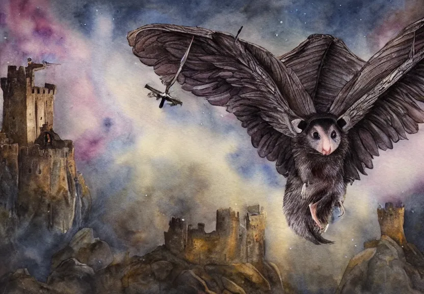 Image similar to epic winged possum flying over a medieval castle under a dark starred sky, dark fantasy, watercolor, dreaming illusion, highly detailed, 4k, trending on Artstation, award-winning