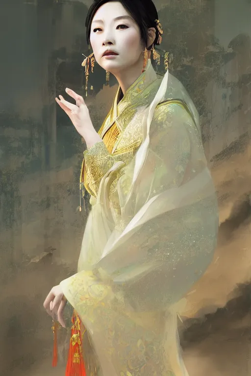 Image similar to chinese princess, gorgeous, portrait, intricate, elegant, volumetric lighting, scenery, digital painting, highly detailed, artstation, sharp focus, illustration, concept art, ruan jia, steve mccurry