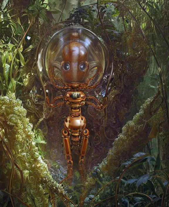 Prompt: intricate ornate opulent transparent clear see - through portrait of a terrifying male alien centipede robot, mottled coloring, adorable, childlike, overgrown jungle environment, ultra realistic, concept art, art nouveau, photorealistic, octane render, 8 k, unreal engine. art by christopher marley and artgerm and greg rutkowski and alphonse mucha