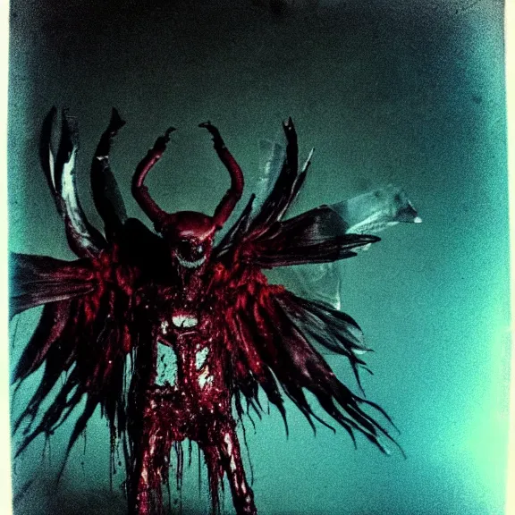 Image similar to a dark artistic photo of an alien creature with crazy wings, big budget horror, a polaroid photo, bleeding decaying colors!