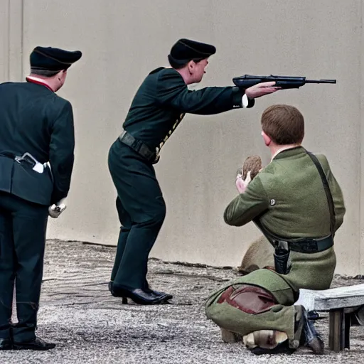 Prompt: Silenced Walther PPK being aimed at a surprised russian guards head