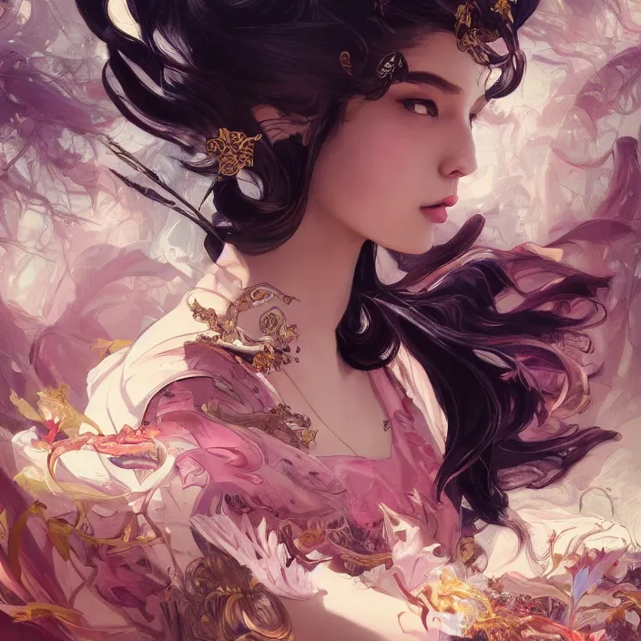 Image similar to photography of charline von heyl, beauty asian girl, deep focus, d & d, fantasy, intricate, elegant, highly detailed, digital painting, artstation, concept art, matte, sharp focus, illustration, hearthstone, art by artgerm and greg rutkowski and alphonse mucha