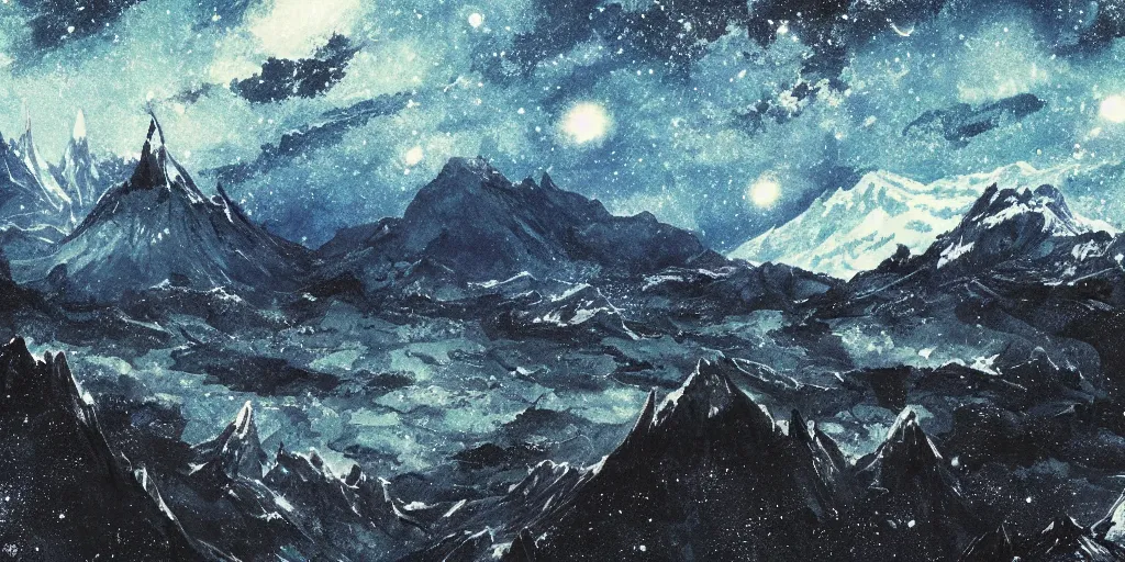 Prompt: stunning cold mountain landscape with sky full of galaxies by posuka demizu