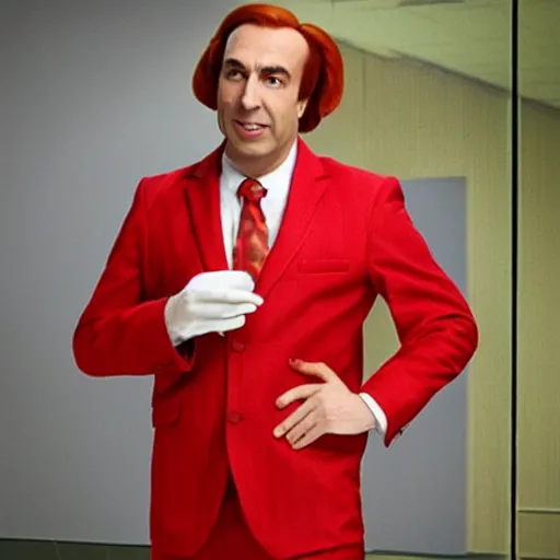 Prompt: Saul Goodman dressed like Ronald McDonald