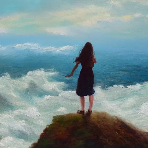 Image similar to A painting of a girl standing on a mountain looking out an approaching storm over the ocean, wind blowing, ocean mist, oil painting